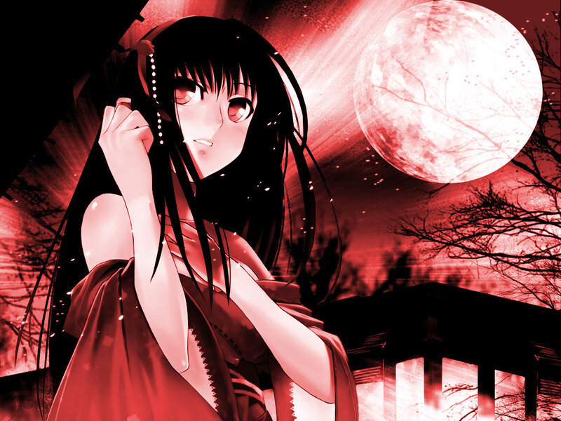 anime girl under red moon