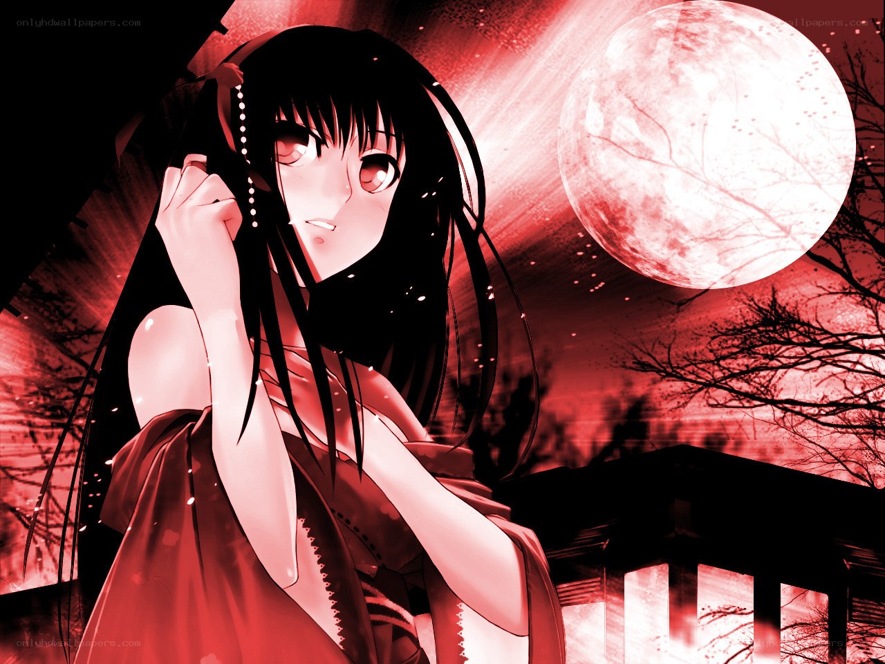anime girl under red moon