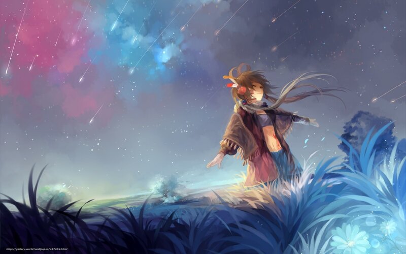 Anime girl under shooting stars