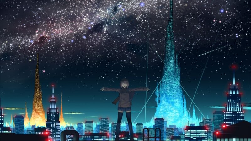 Anime girl under starry sky