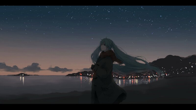 Anime girl under starry sky