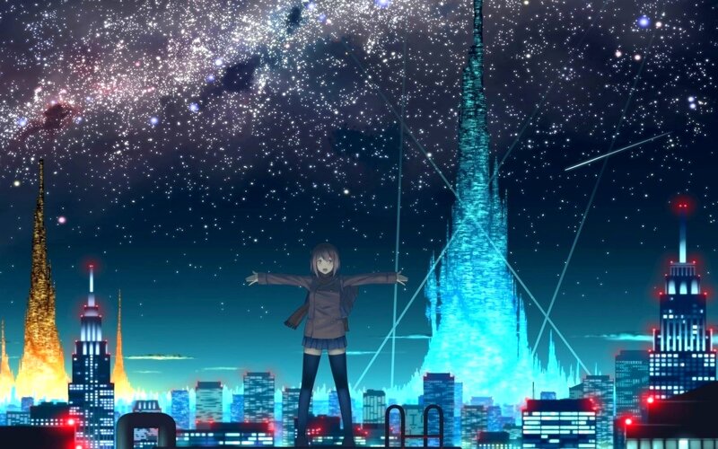 anime girl under starry sky