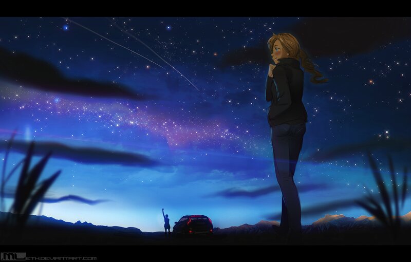 Anime Girl under Stars — Blue, Serene, Night, Digital Art, Car