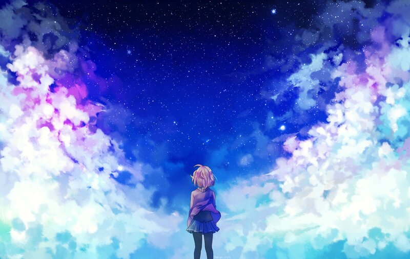 Anime Girl under Stars — Blue, Serene, Night, Digital Art, Clouds