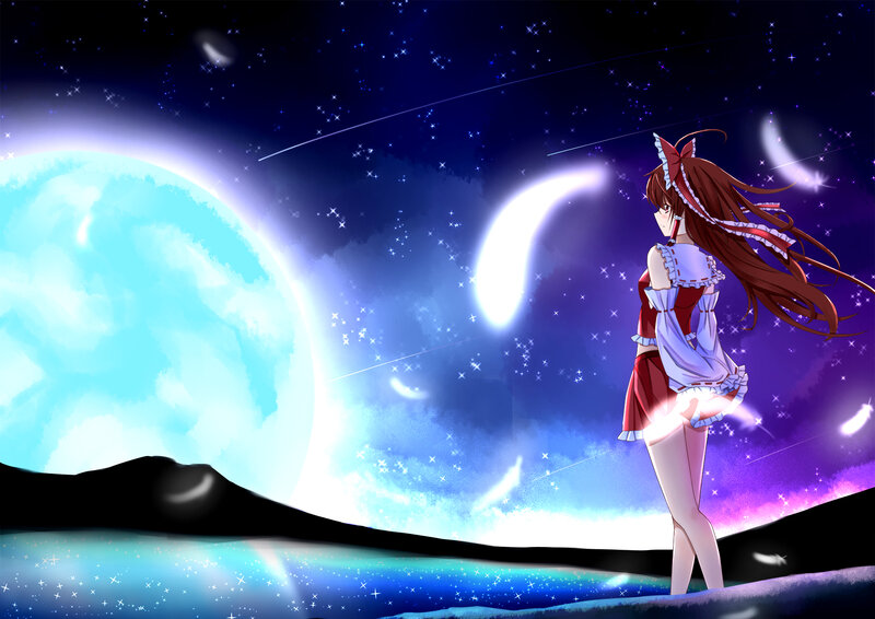 Anime Girl under Stars — Blue, Serene, Night, Digital Art, Moon