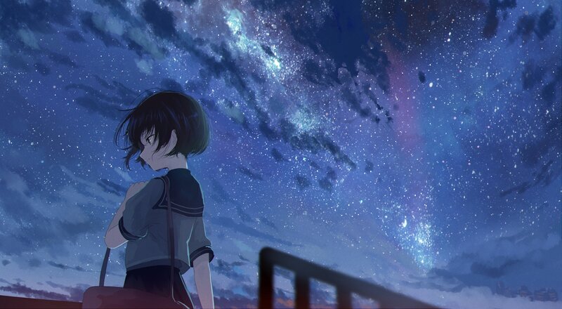 Anime Girl under Stars — Blue, Serene, Night, Digital Art, Sky