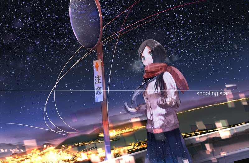 Anime Girl under Stars — Blue, Serene, Night, Digital Art