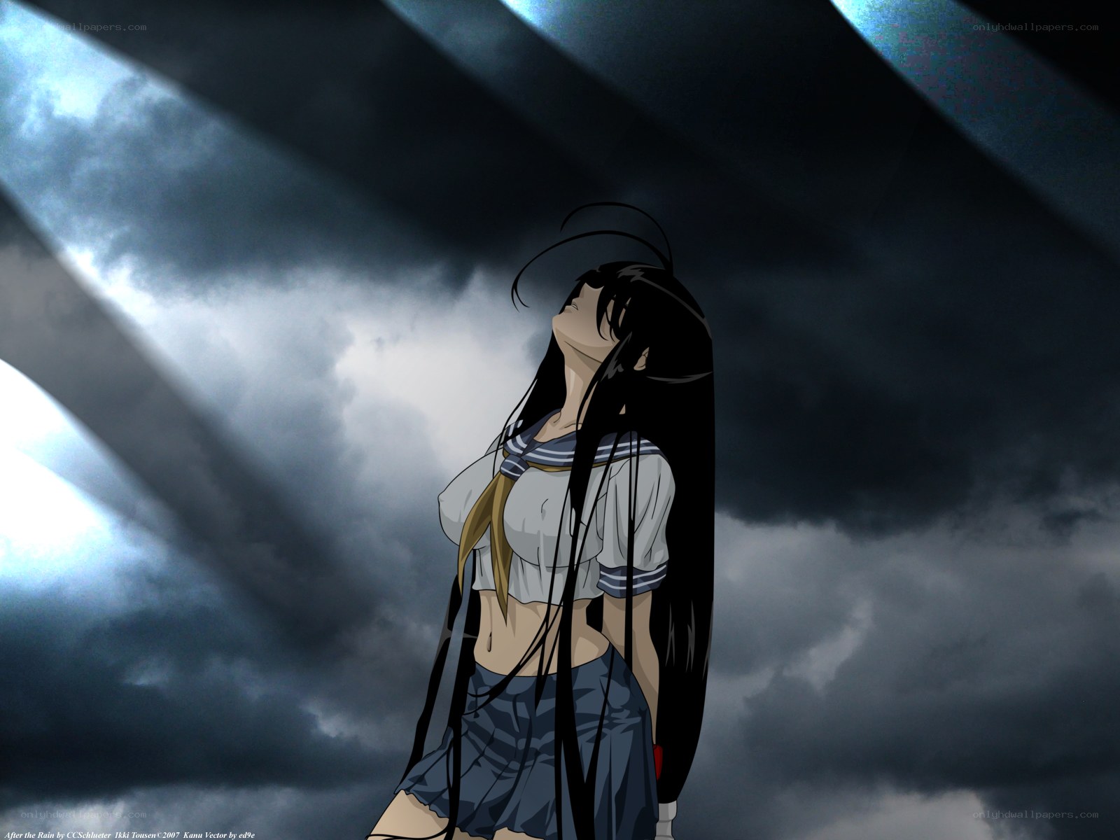 Anime girl under stormy sky