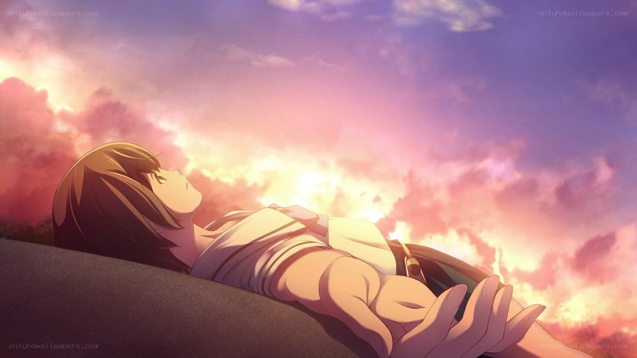 Anime girl under sunset sky