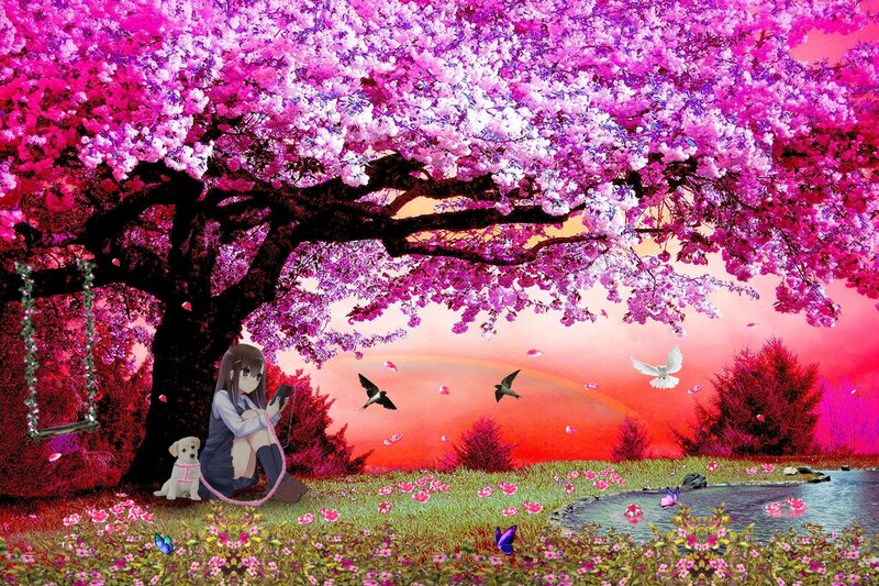 Anime Girl under Tree — Pink, Serene