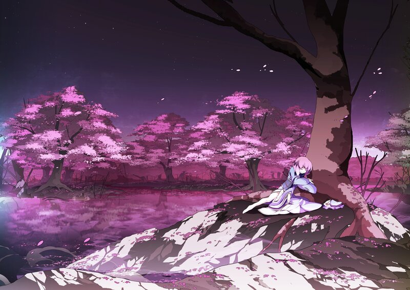 Anime Girl under Tree — Purple, Serene, Night