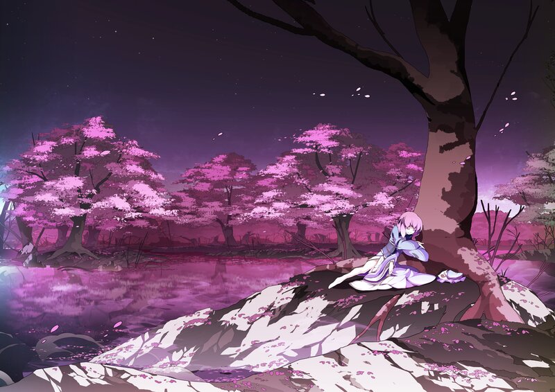 Anime Girl under Tree — Purple, Serene