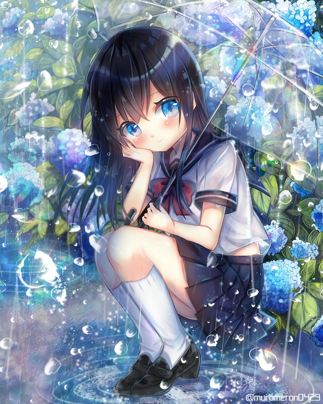 Anime Girl under Umbrella — Blue, Serene