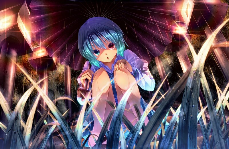 Anime Girl under Umbrella — Blue