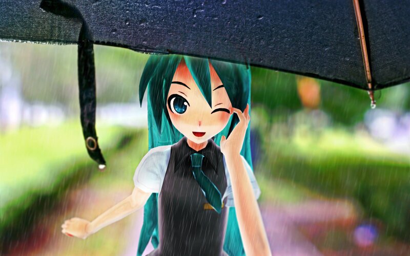 Anime Girl under Umbrella — Green