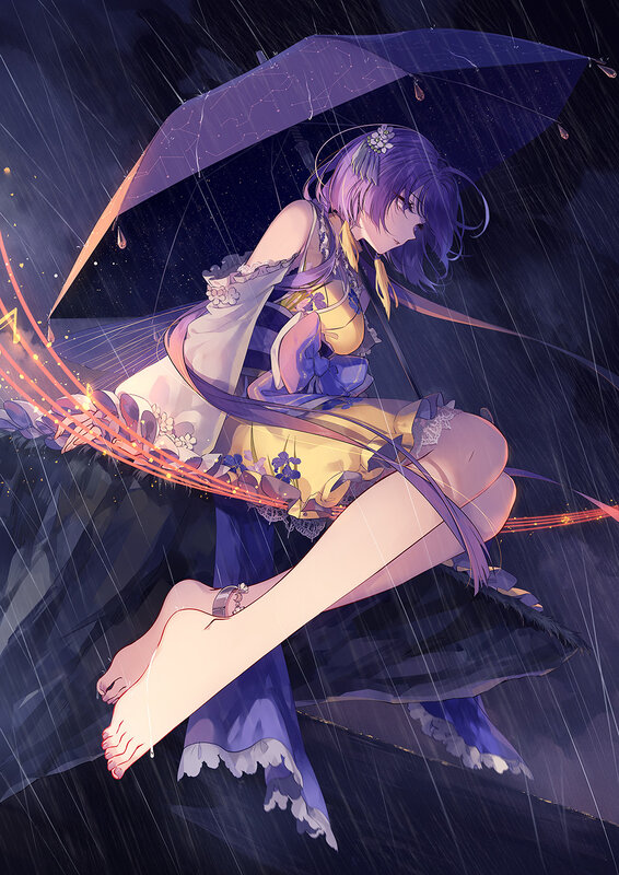 Anime Girl under Umbrella — Purple, Dramatic, Night