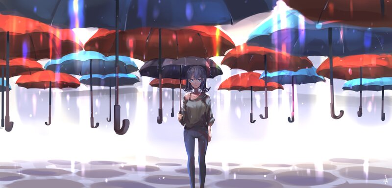 Anime Girl under Umbrellas
