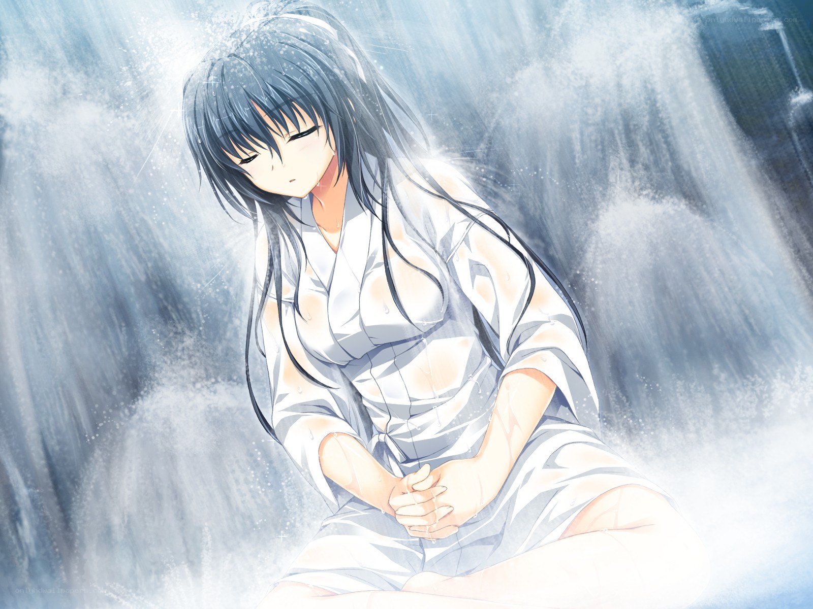 anime girl under waterfall