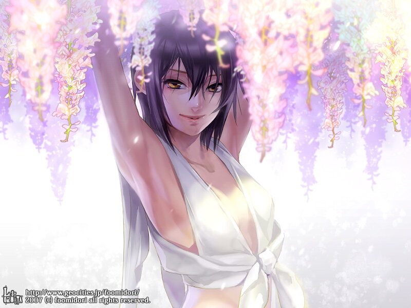Anime girl under wisteria flowers