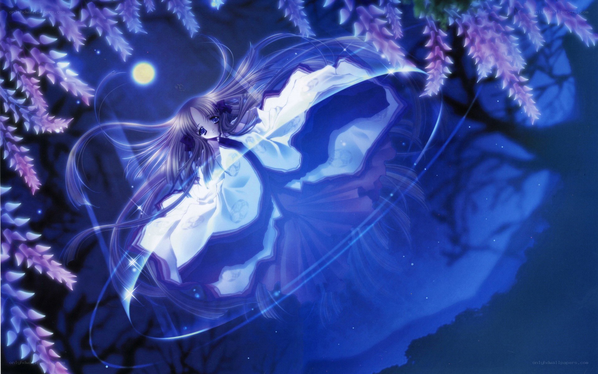anime girl under wisteria tree