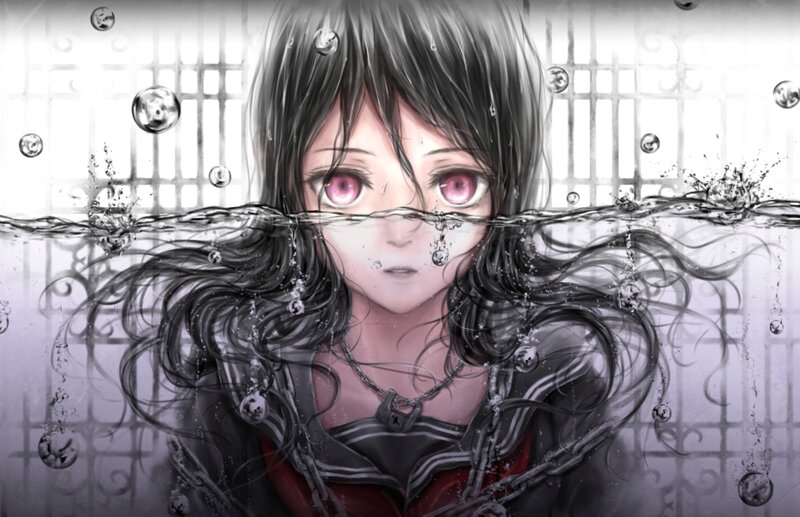 Anime Girl Underwater — Black, Dramatic, Digital Art