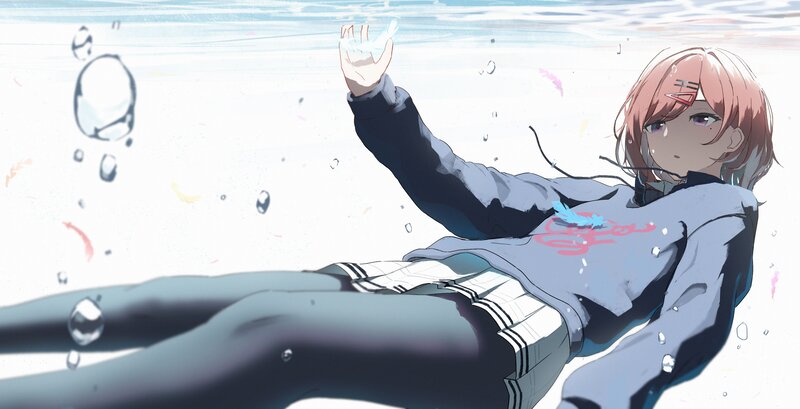 Anime Girl Underwater — Blue, Calm, Digital Art, Bubbles
