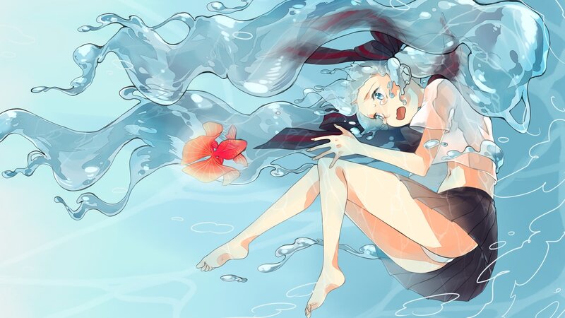 Anime Girl Underwater — Blue, Calm, Digital Art, Goldfish