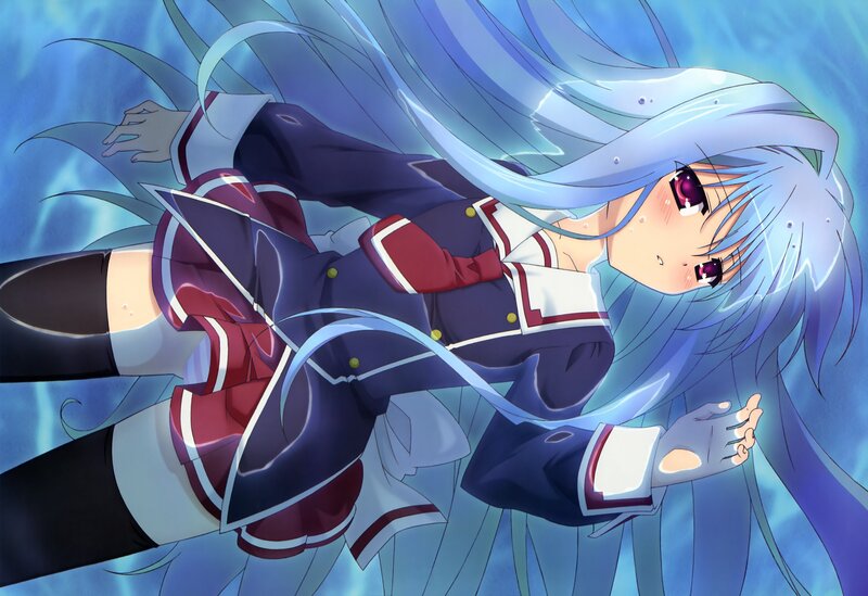 Anime Girl Underwater — Blue, Calm, School Uniform, Long Hair