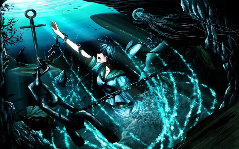 Anime Girl Underwater — Blue, Dramatic, Digital Art, Anchor, Chains