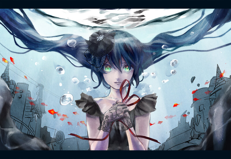 Anime Girl Underwater — Blue, Dramatic, Digital Art, Bubbles, Fish