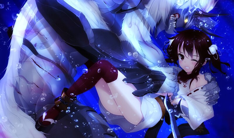 Anime Girl Underwater — Blue, Dramatic, Digital Art, Dragon