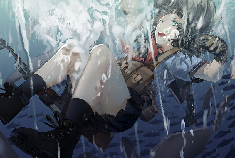 Anime Girl Underwater — Blue, Dramatic, Digital Art, Gun