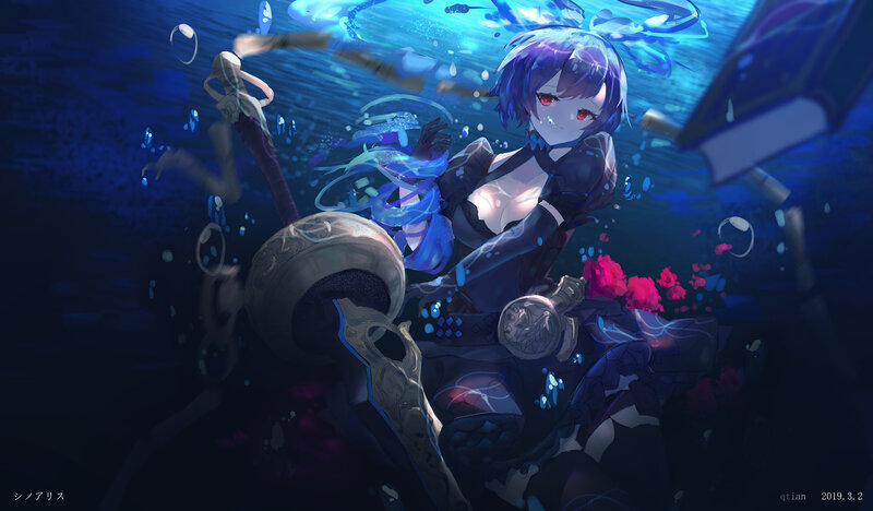 Anime Girl Underwater — Blue, Dramatic, Digital Art, Sword, Bubbles