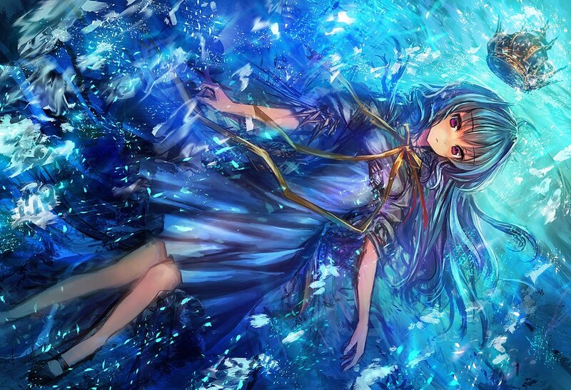 Anime Girl Underwater — Blue, Dramatic, Digital Art, Water, Dress