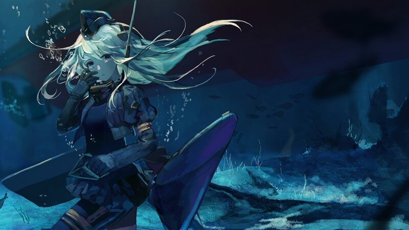 Anime Girl Underwater — Blue, Dramatic, Night
