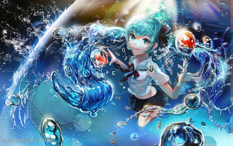 Anime Girl Underwater — Blue, Dynamic, Digital Art