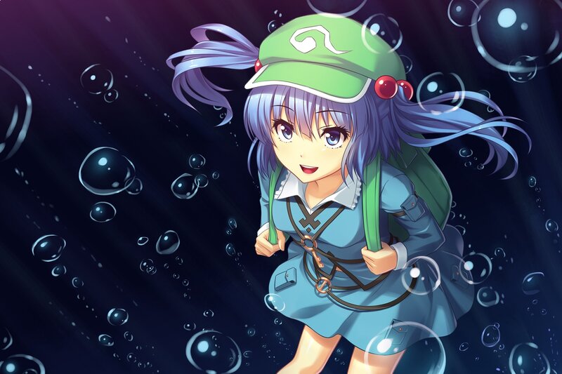 Anime Girl Underwater — Blue, Playful, Bubbles