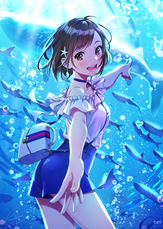 Anime Girl Underwater — Blue, Playful, Digital Art, Sharks