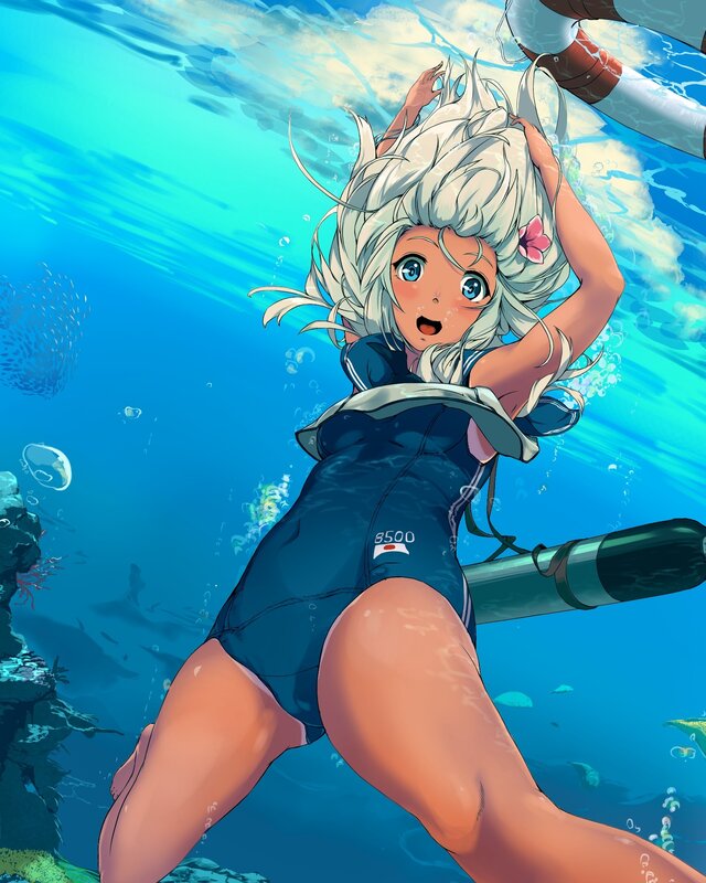 Anime Girl Underwater — Blue, Playful, Digital Art, Swimsuit