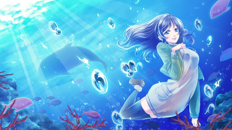 Anime Girl Underwater — Blue, Serene, Afternoon, Digital Art