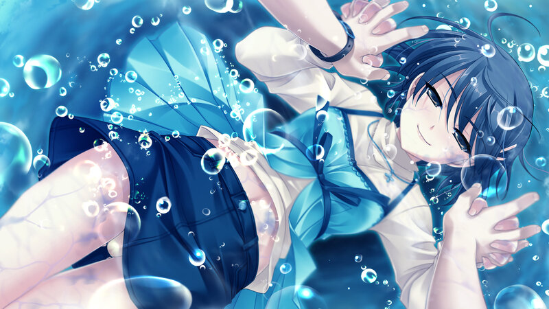 Anime Girl Underwater — Blue, Serene, Bubbles, School Uniform