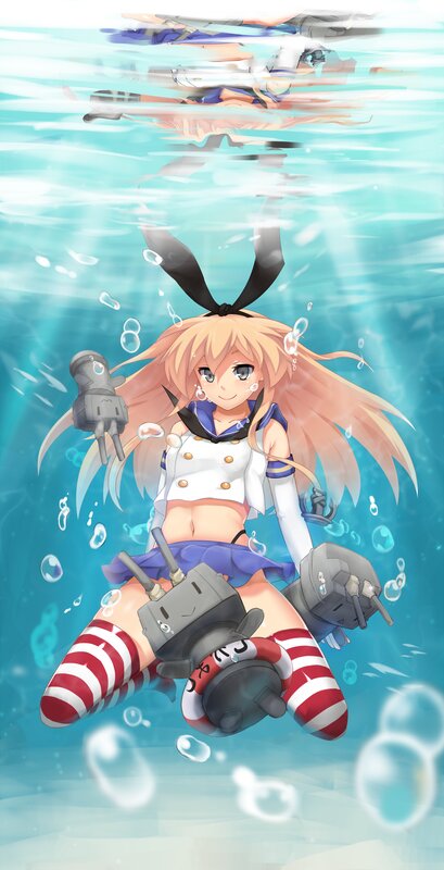 Anime Girl Underwater — Blue, Serene, Bubbles, Ship Guns