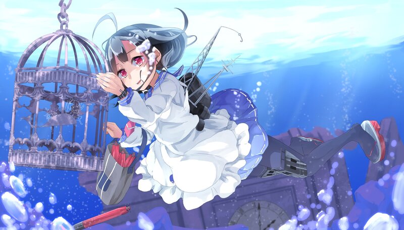 Anime Girl Underwater — Blue, Serene, Digital Art, Birdcage