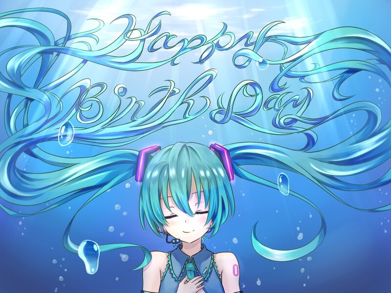 Anime Girl Underwater — Blue, Serene, Digital Art, Birthday Text