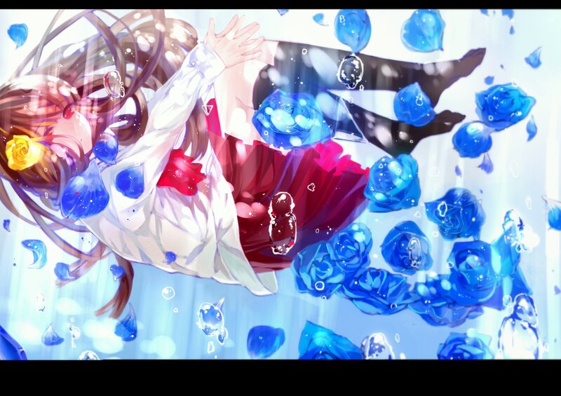Anime Girl Underwater — Blue, Serene, Digital Art, Blue Roses
