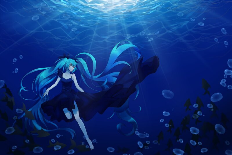 Anime Girl Underwater — Blue, Serene, Digital Art, Bubbles, Fish, Dress