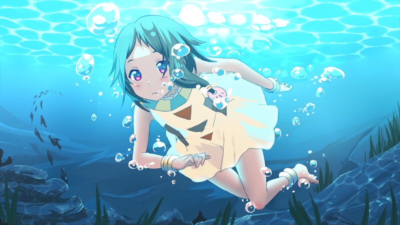 Anime Girl Underwater — Blue, Serene, Digital Art, Bubbles, Fish, Seaweed