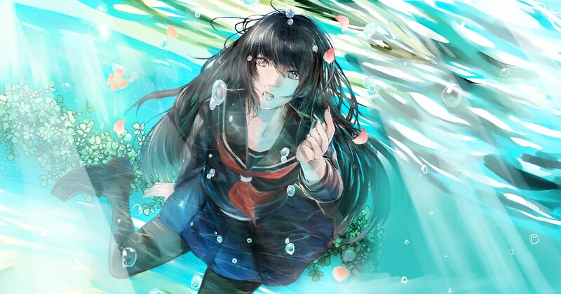 Anime Girl Underwater — Blue, Serene, Digital Art, Bubbles, Flowers, School Uniform