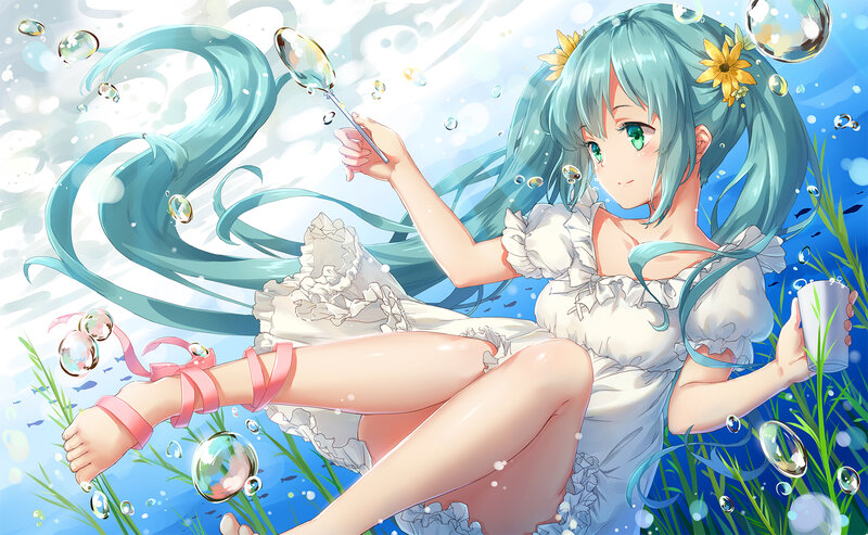 Anime Girl Underwater — Blue, Serene, Digital Art, Bubbles, Flowers