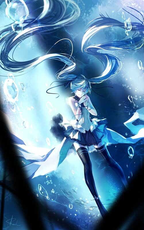 Anime Girl Underwater — Blue, Serene, Digital Art, Bubbles, Hair, Skirt